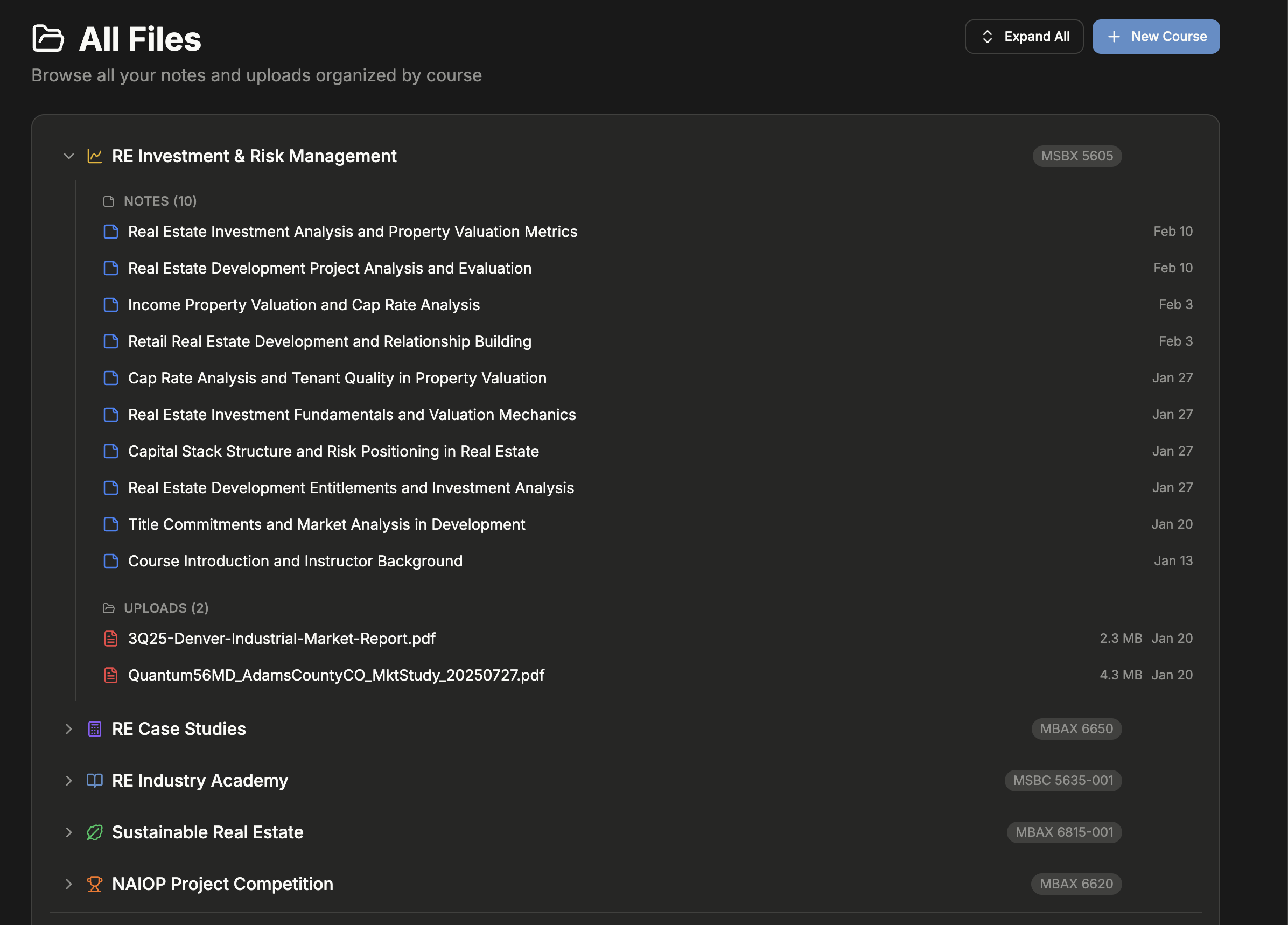 Lobe file manager showing notes and uploads organized by course